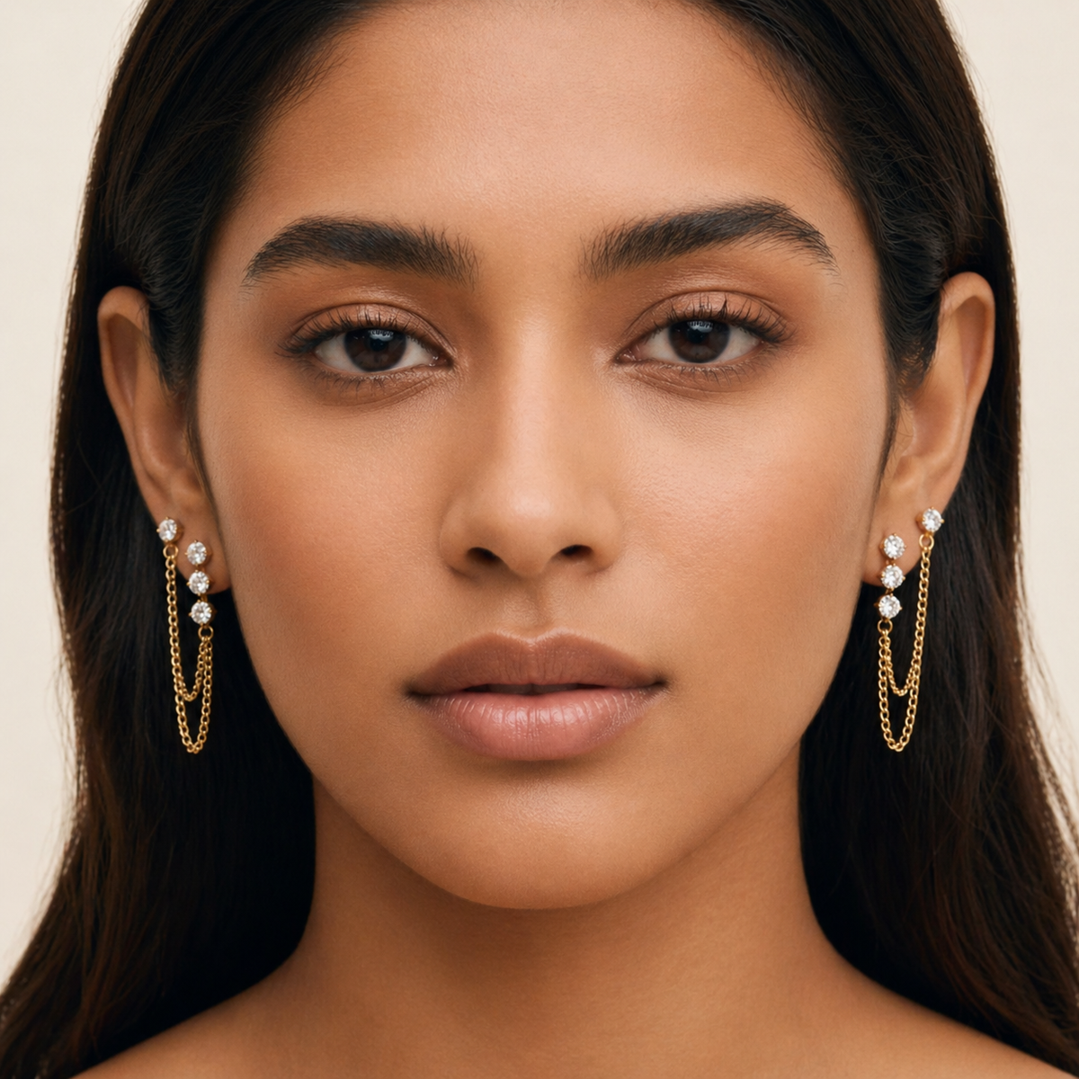 Women’s Ear Studs with Vertical Stone Row and Double Chain Arc