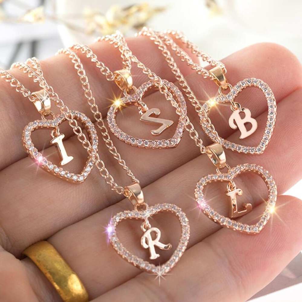 Crystal Letter Heart Necklace - Necklace with Heart Letter Pendant