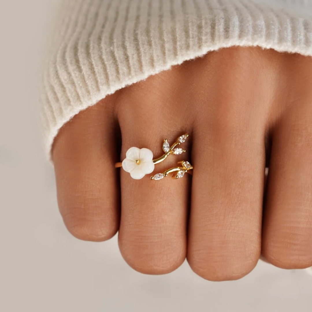 Women's Adjustable Open Ring with Floral Motif and Stone Accents