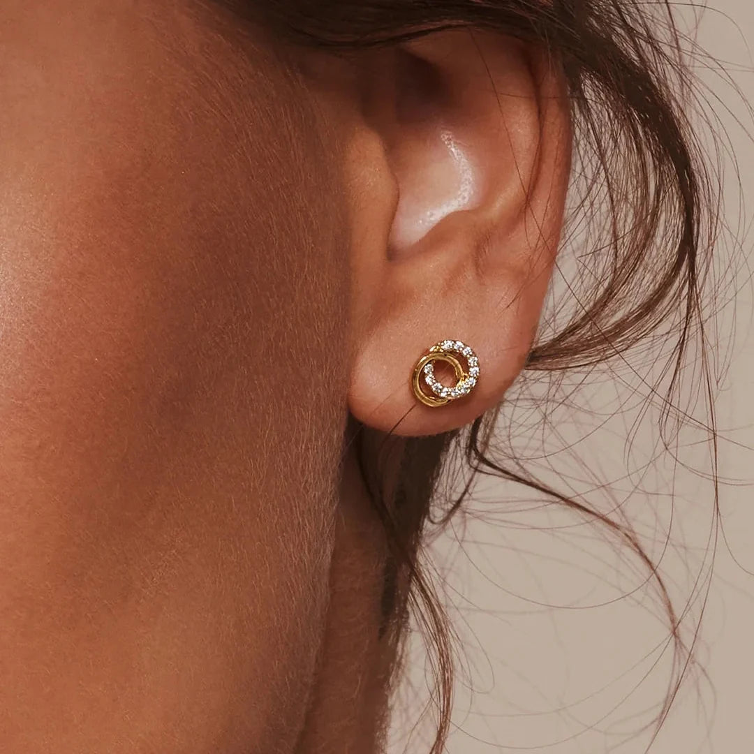 Women's Ear Studs with Interlocking Double Circles and Stone Accents