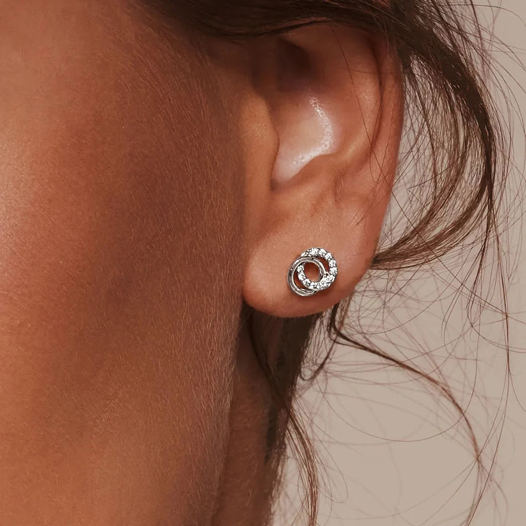 Women's Ear Studs with Interlocking Double Circles and Stone Accents