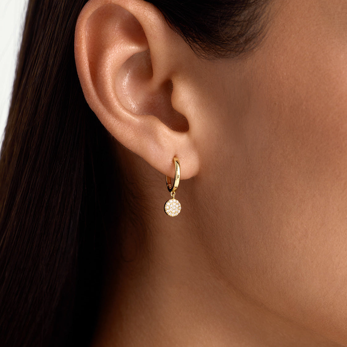 Women's Huggie Earrings with Round Pendant and Stone Embellishment
