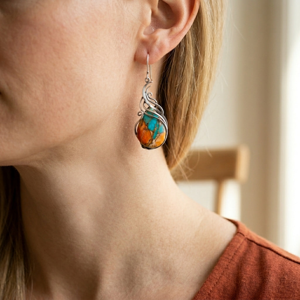 Women's Drop Earrings with Oval Stones and Curved Flame Design