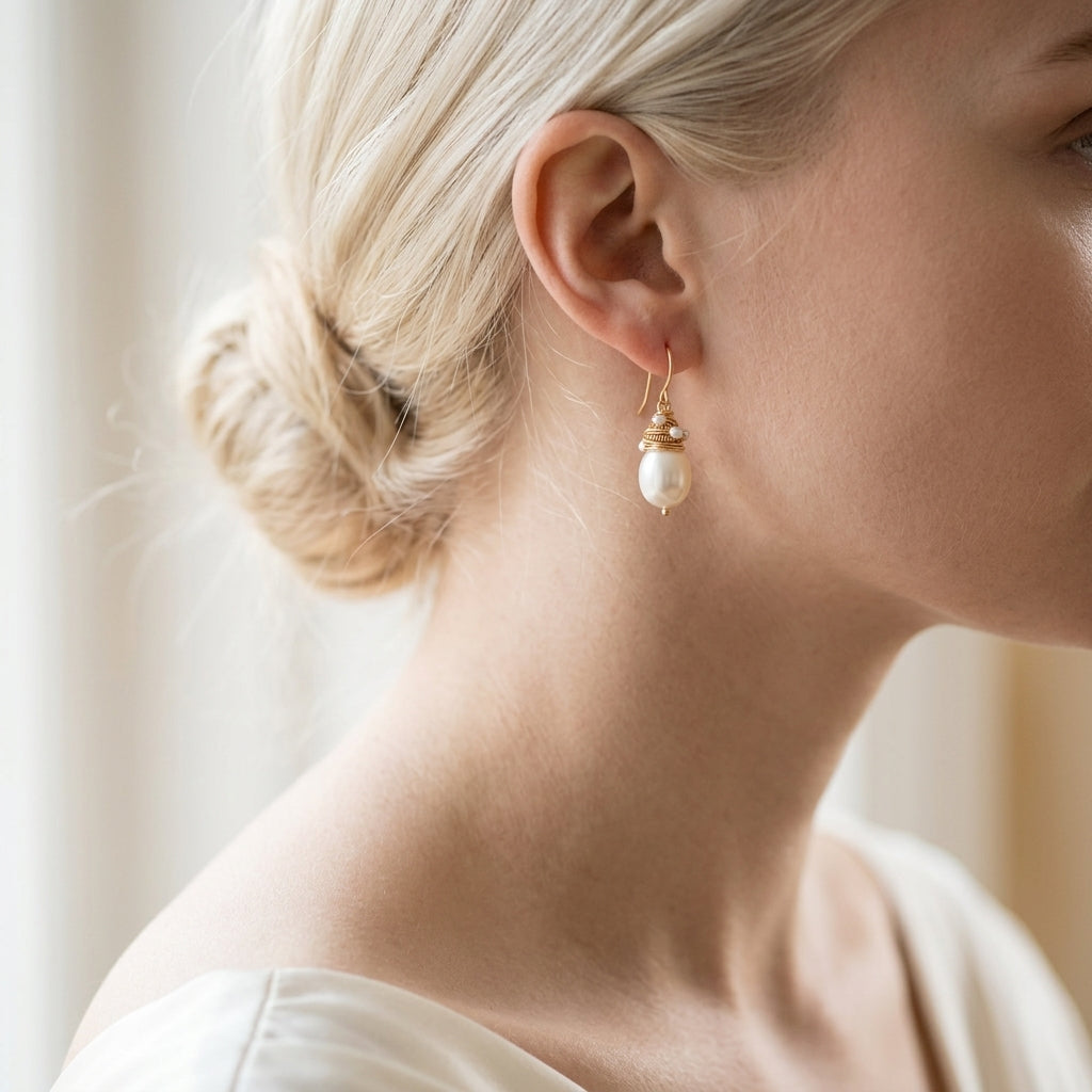 Women's Drop Earrings with Pearl-like Drops and Wrapping Details