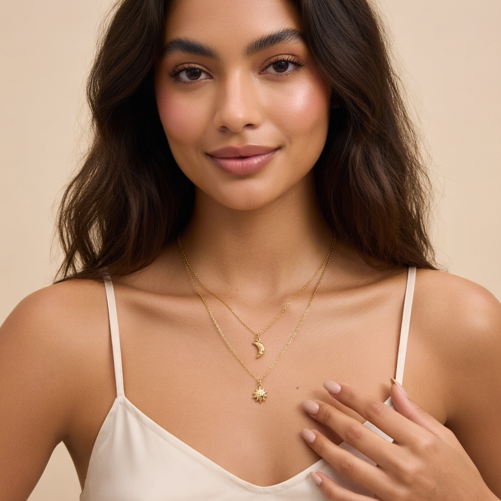 Women’s Layered Necklace with Moon and Sun Pendant