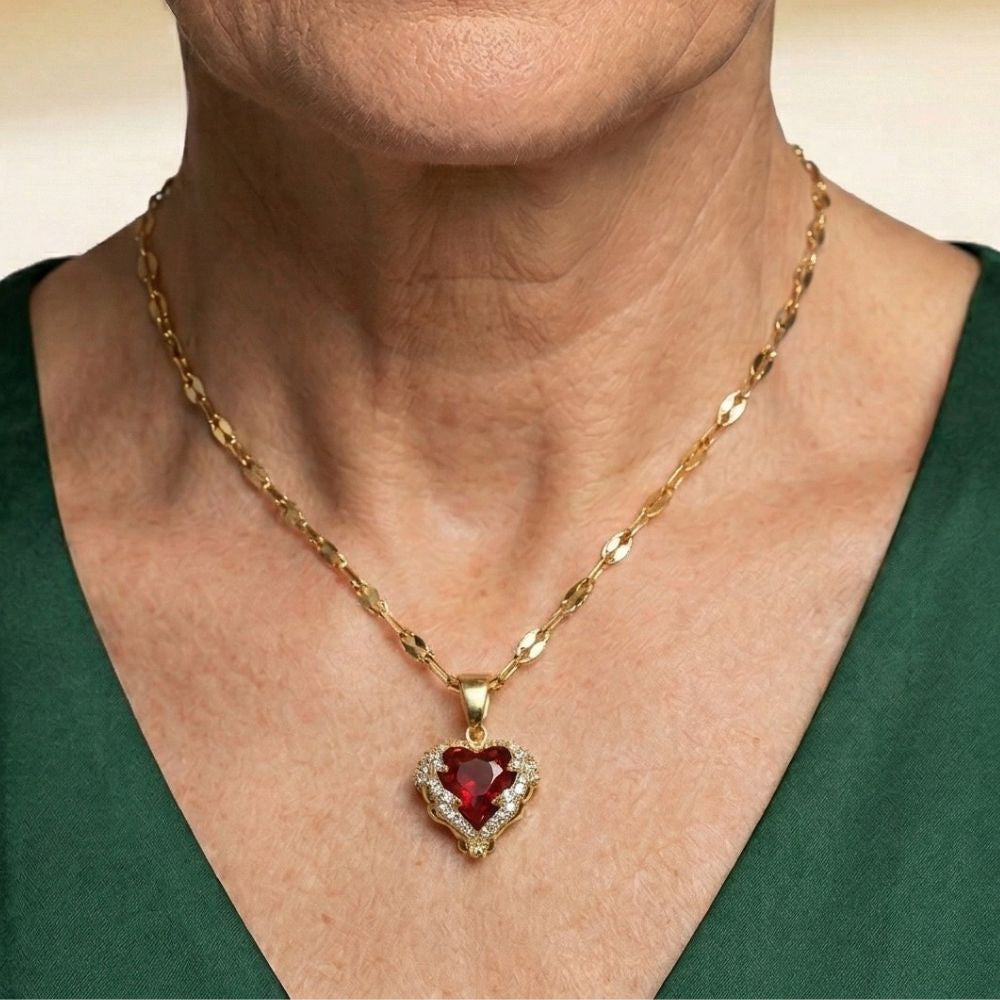 Women’s Heart Pendant Necklace with Wing Frame and Stone Set Details