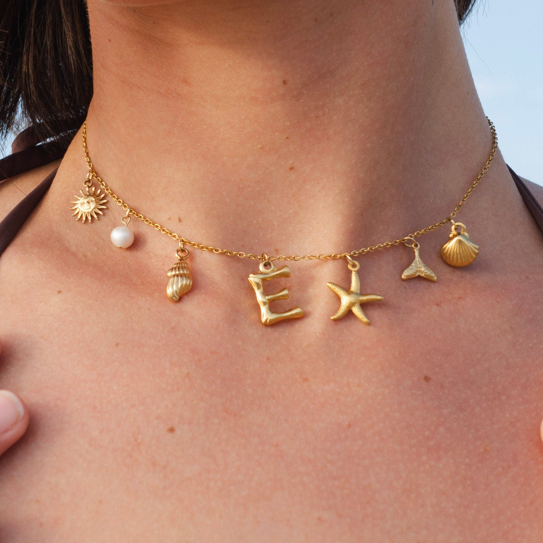 Women's Charm Necklace with Initial, Starfish, Shell and Pearl Accent