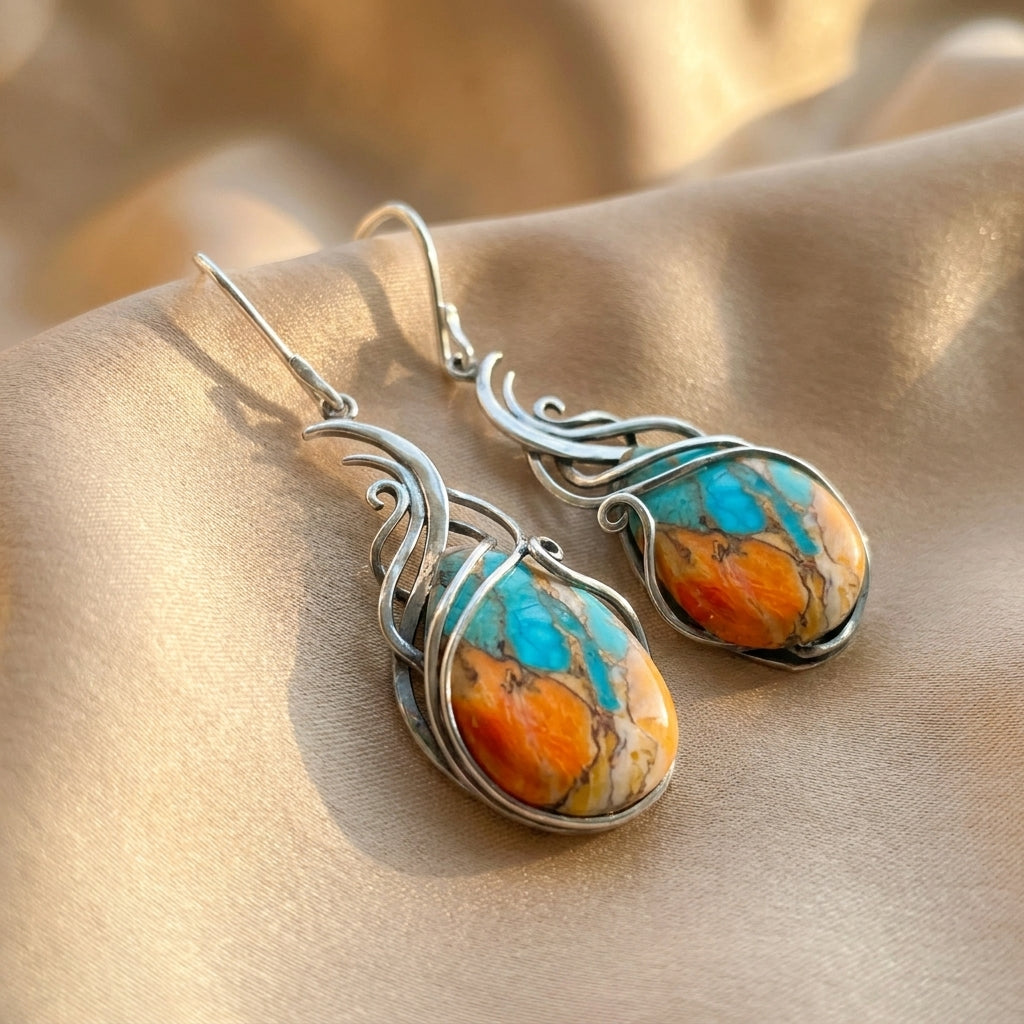 Women's Drop Earrings with Oval Stones and Curved Flame Design
