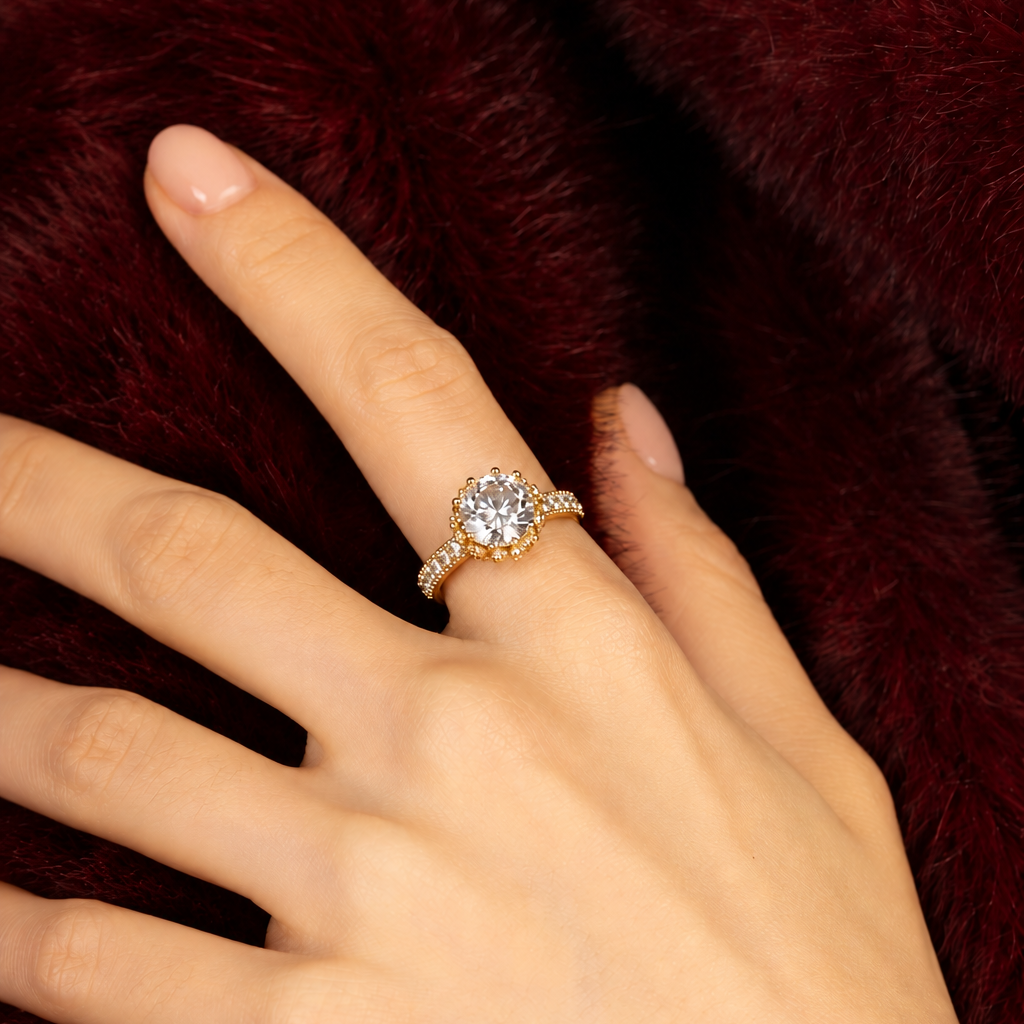 Women’s Solitaire Ring with Round Center Stone and Pave Set Band
