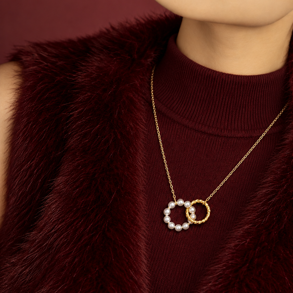 Women's Pendant Necklace with Two Interlocking Rings and Pearl Details
