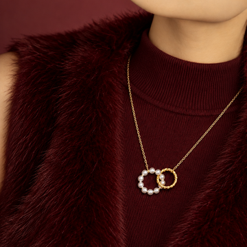 Women's Pendant Necklace with Two Interlocking Rings and Pearl Details