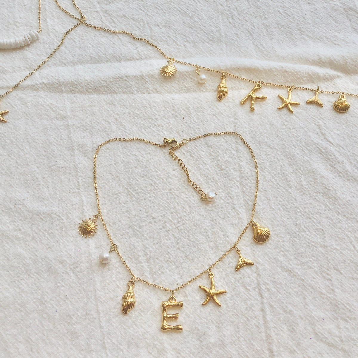 Women's Charm Necklace with Initial, Starfish, Shell and Pearl Accent