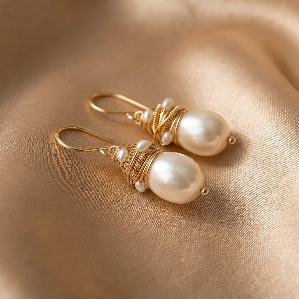Women's Drop Earrings with Pearl-like Drops and Wrapping Details