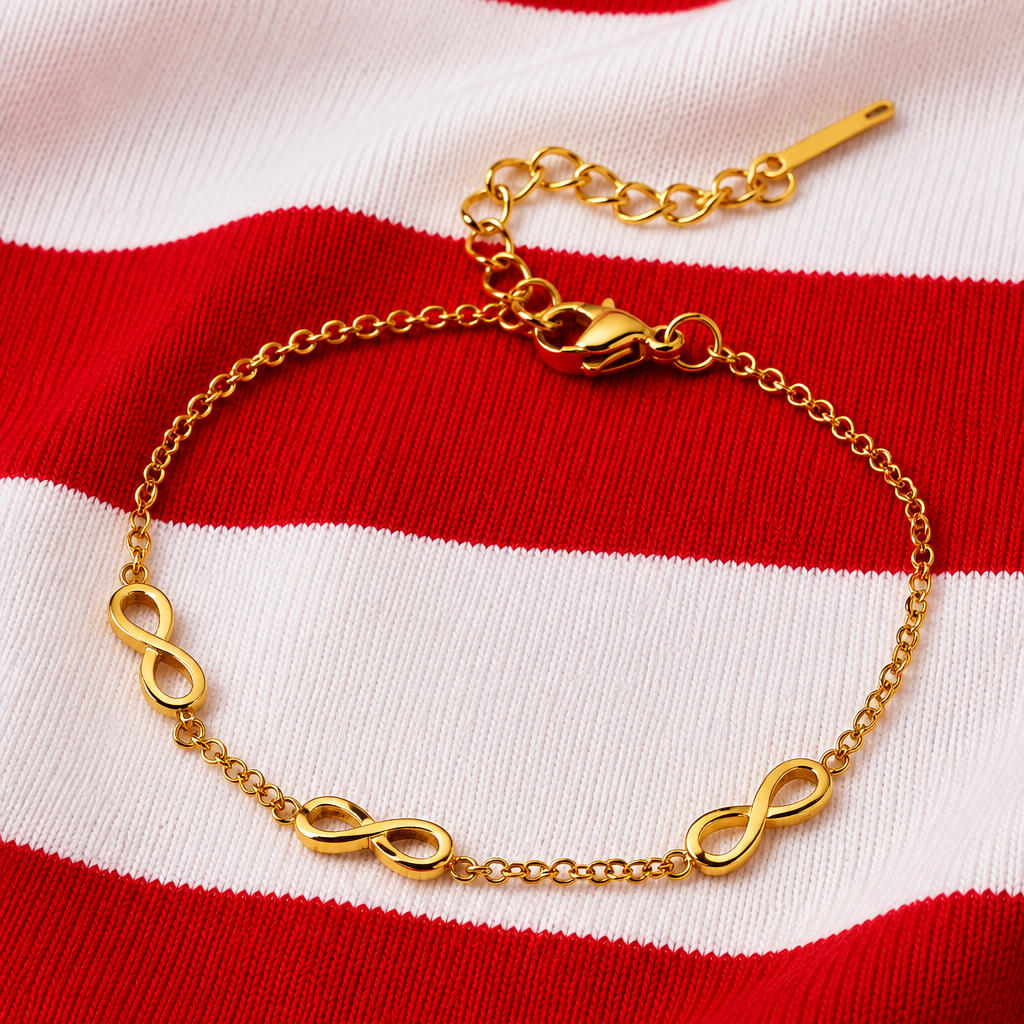 Women’s Infinity Bracelet with Three Symbols and Fine Chain Structure
