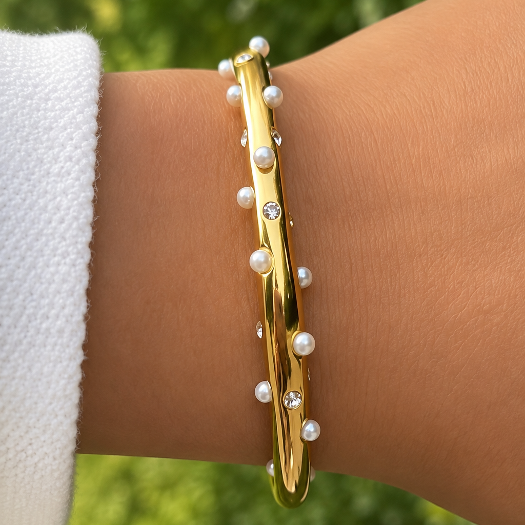 Women's Open Bracelet with Double Band Design, Pearl Details and Stone Accents