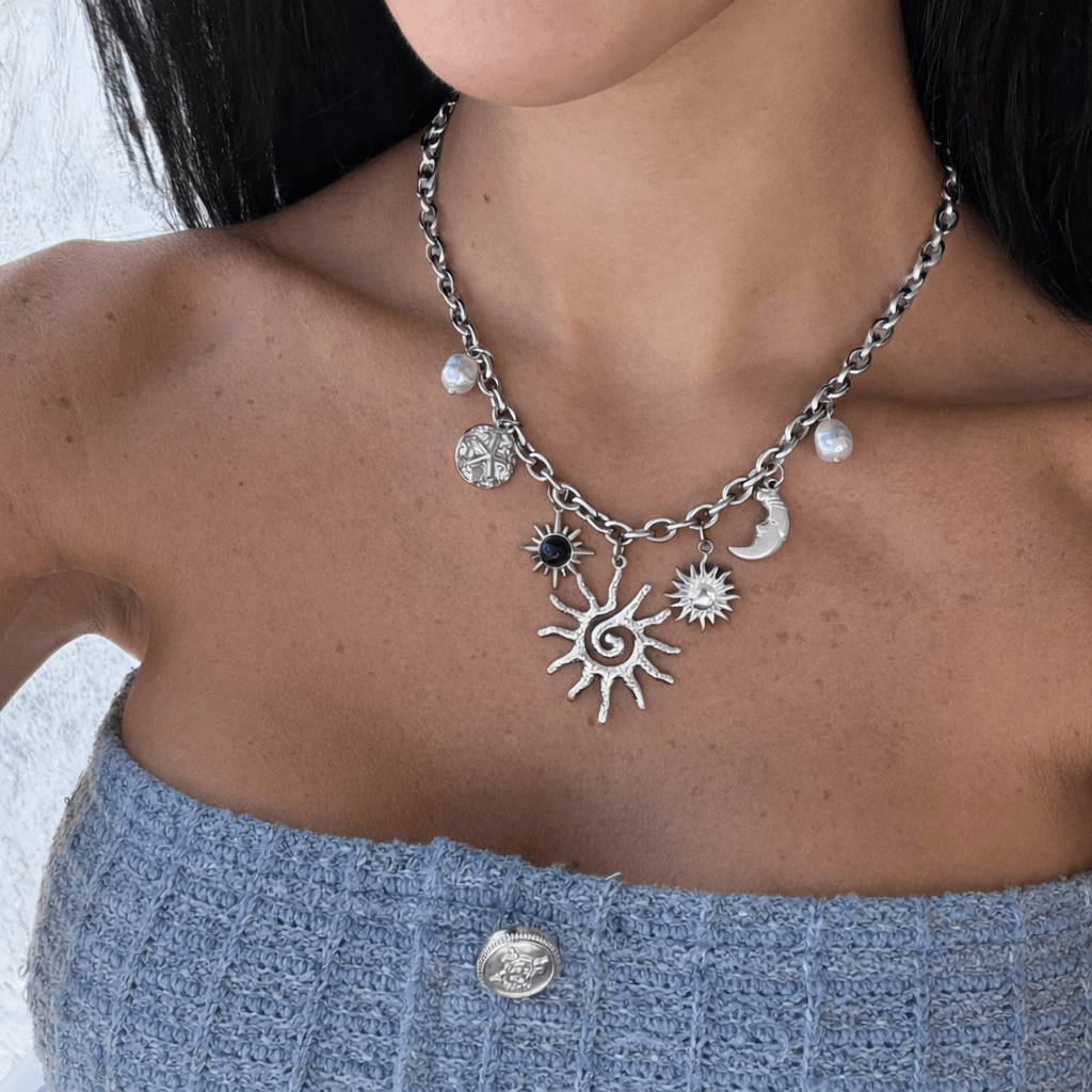 Women’s Charm Necklace with Sun, Moon, and Pearl Accents