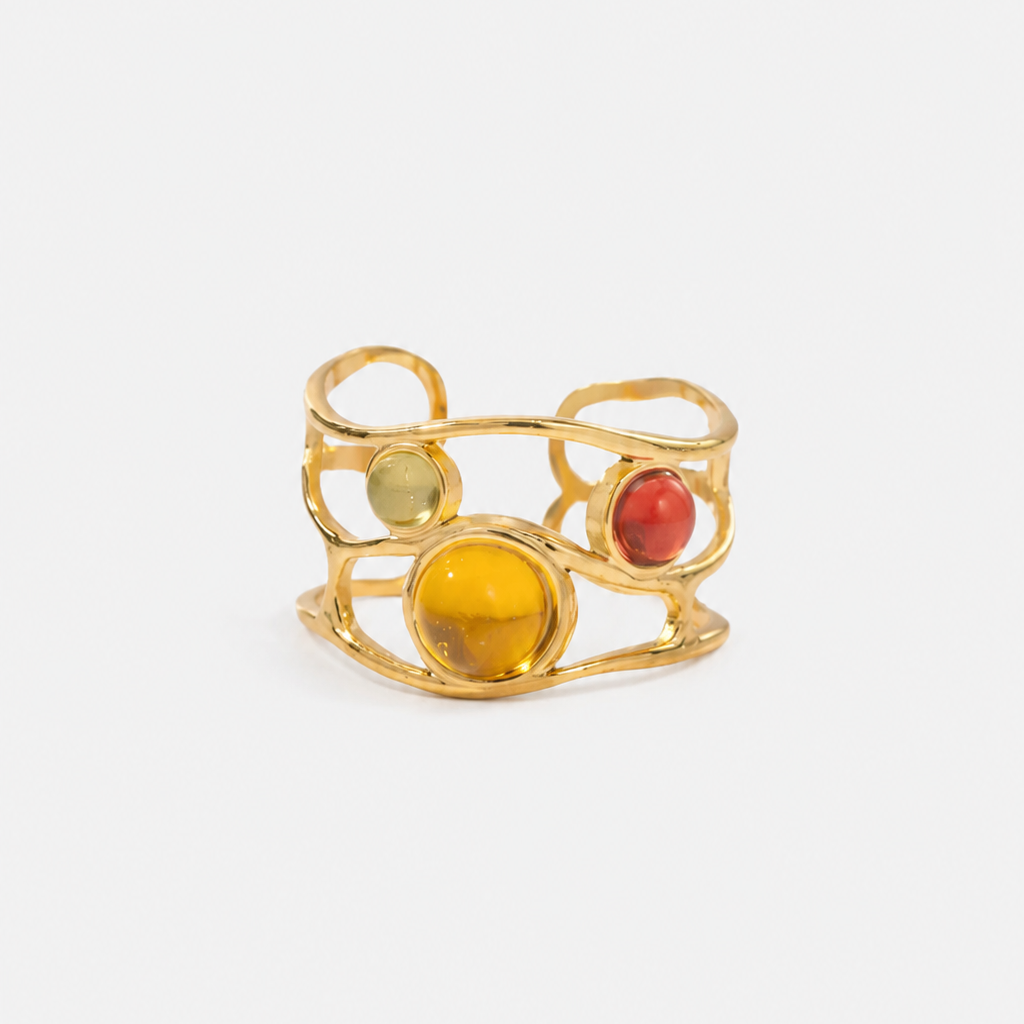 Women’s Open Statement Ring with Three Cabochon Stone Details and Curved Orbit Design