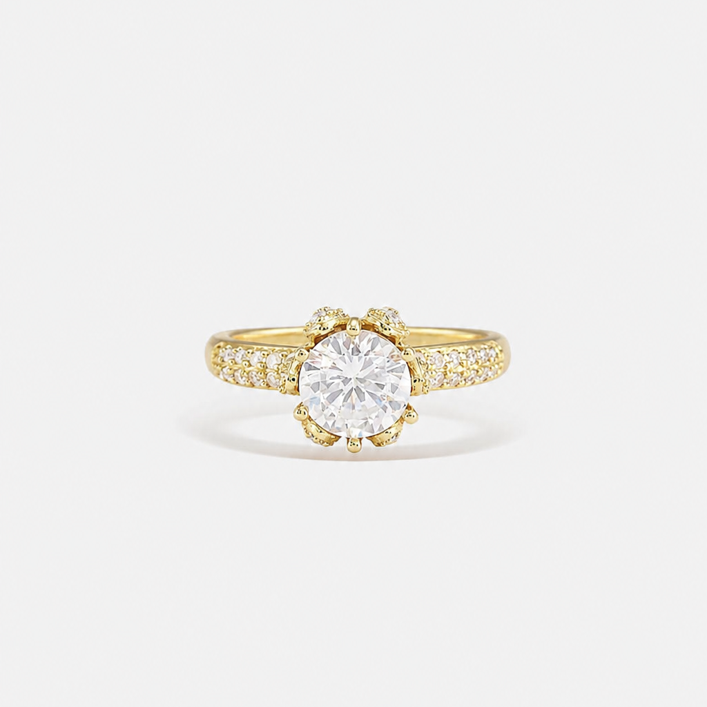 Women’s Solitaire Ring with Round Center Stone and Pave Set Band