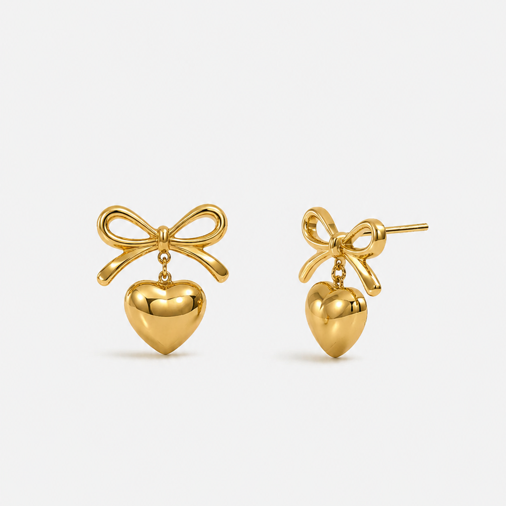 Women’s Ear Studs with Bow Motif and Hanging Heart Pendant