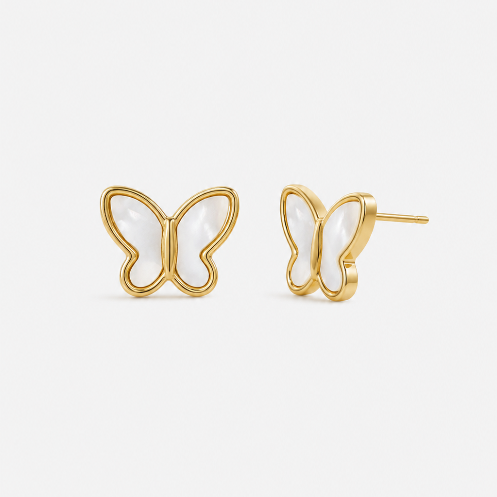 Women’s Butterfly Ear Studs with Mother of Pearl Inlay and Clear Wing Shape