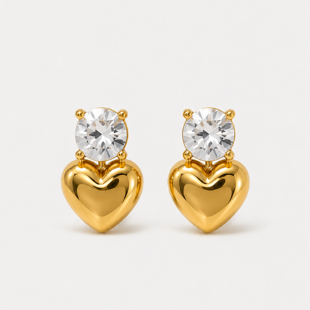 Women’s Heart Drop Earrings with Round Stone Accent and Polished Heart Pendant