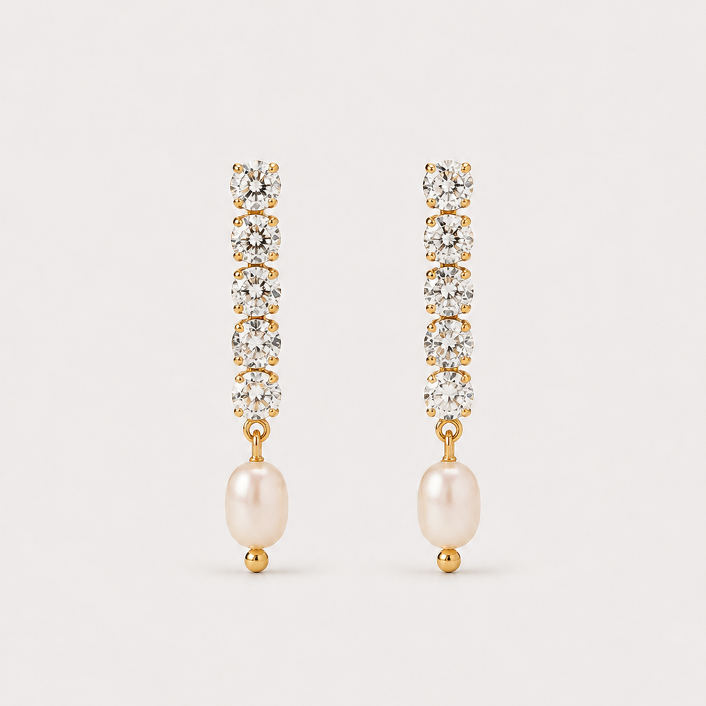 Women’s Drop Earrings with Vertical Stone Row and Round Pearl Pendant