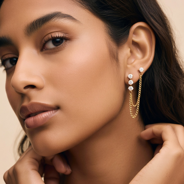 Women’s Ear Studs with Vertical Stone Row and Double Chain Arc