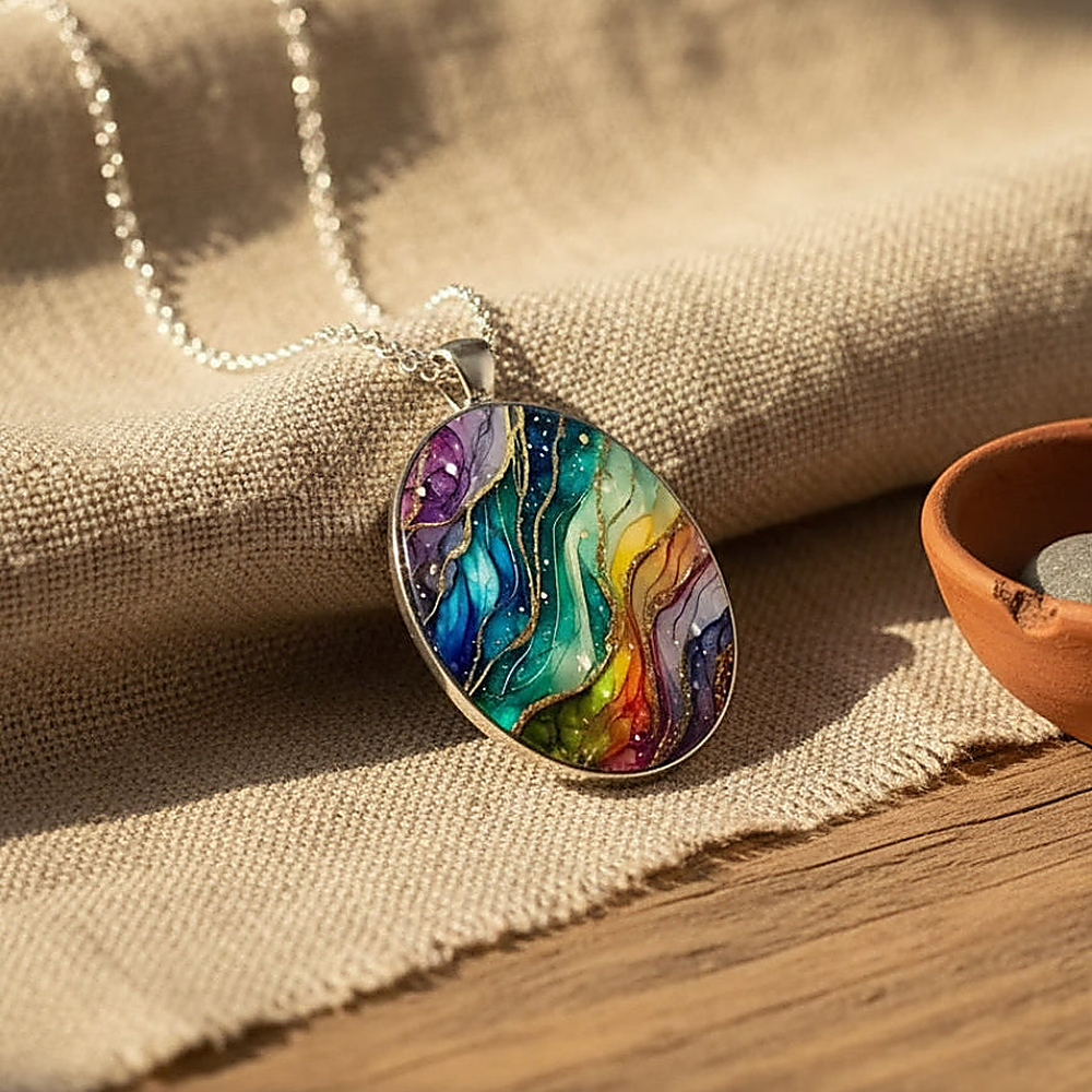 Women's Pendant Necklace with Oval Art Motif and Curved Lines