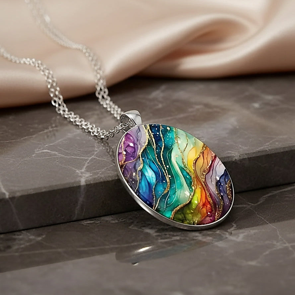 Women's Pendant Necklace with Oval Art Motif and Curved Lines