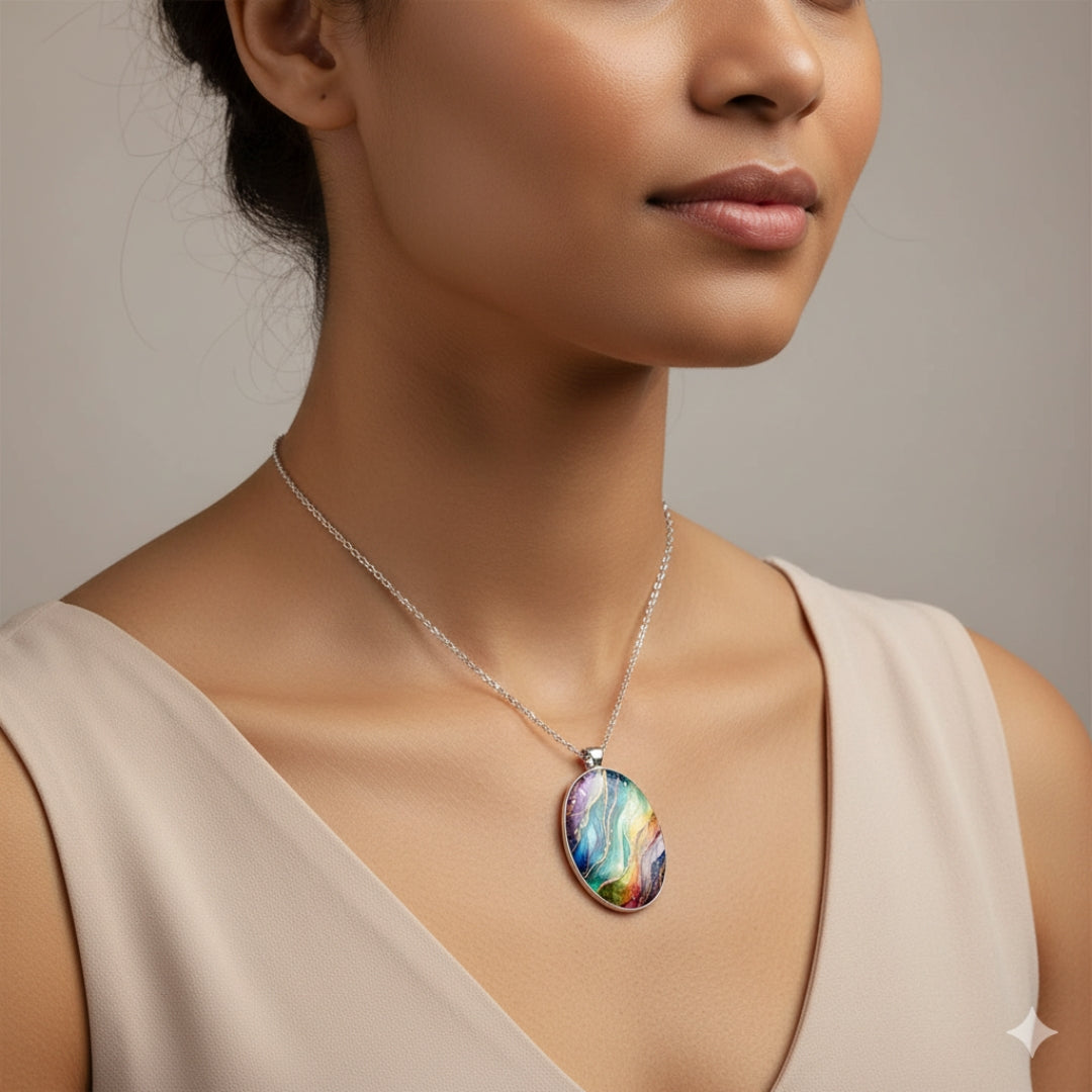 Women's Pendant Necklace with Oval Art Motif and Curved Lines