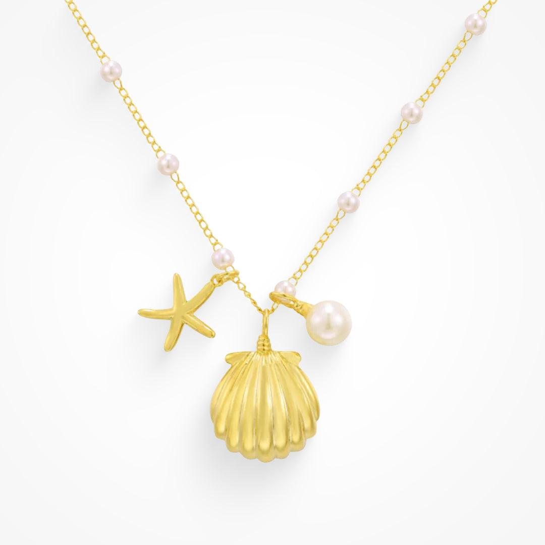 Women’s Charm Necklace with Shell, Starfish and Pearl Charms