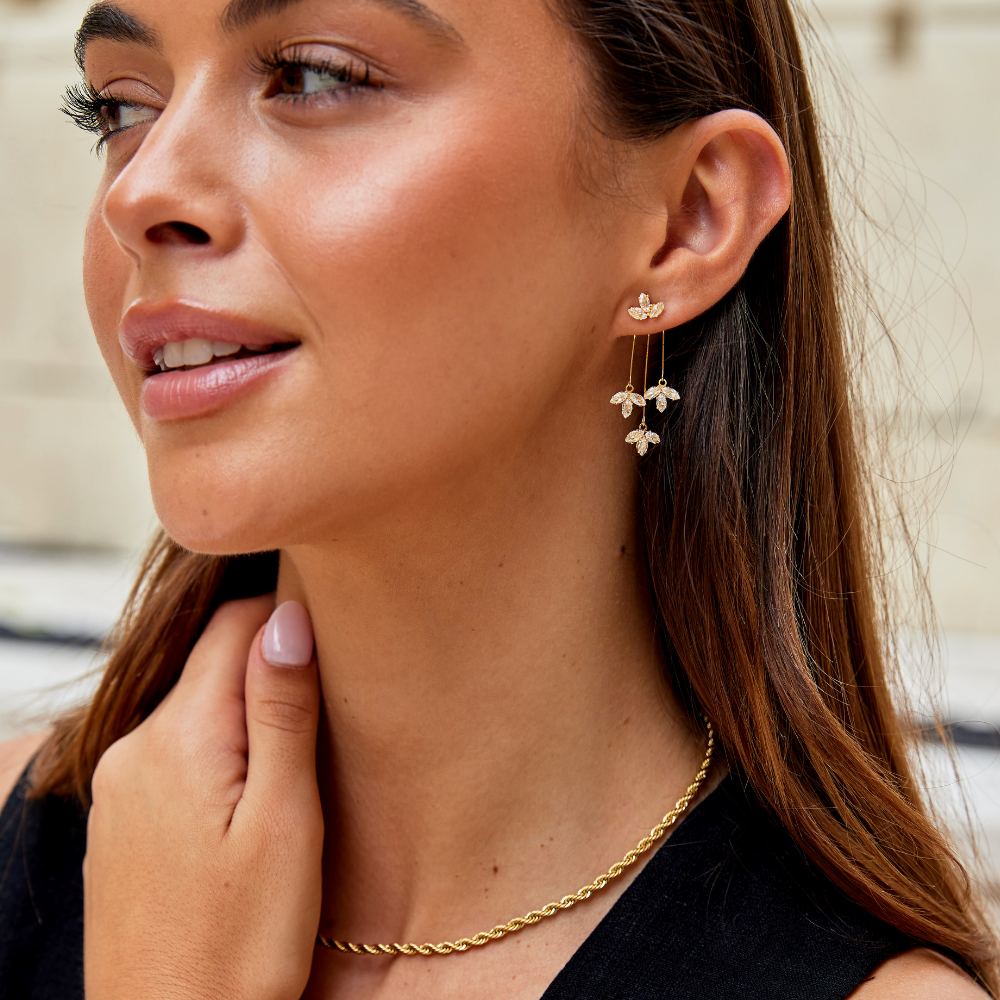 Women's Drop Earrings in Waterfall Design with Leaf-Shaped Stone Accents