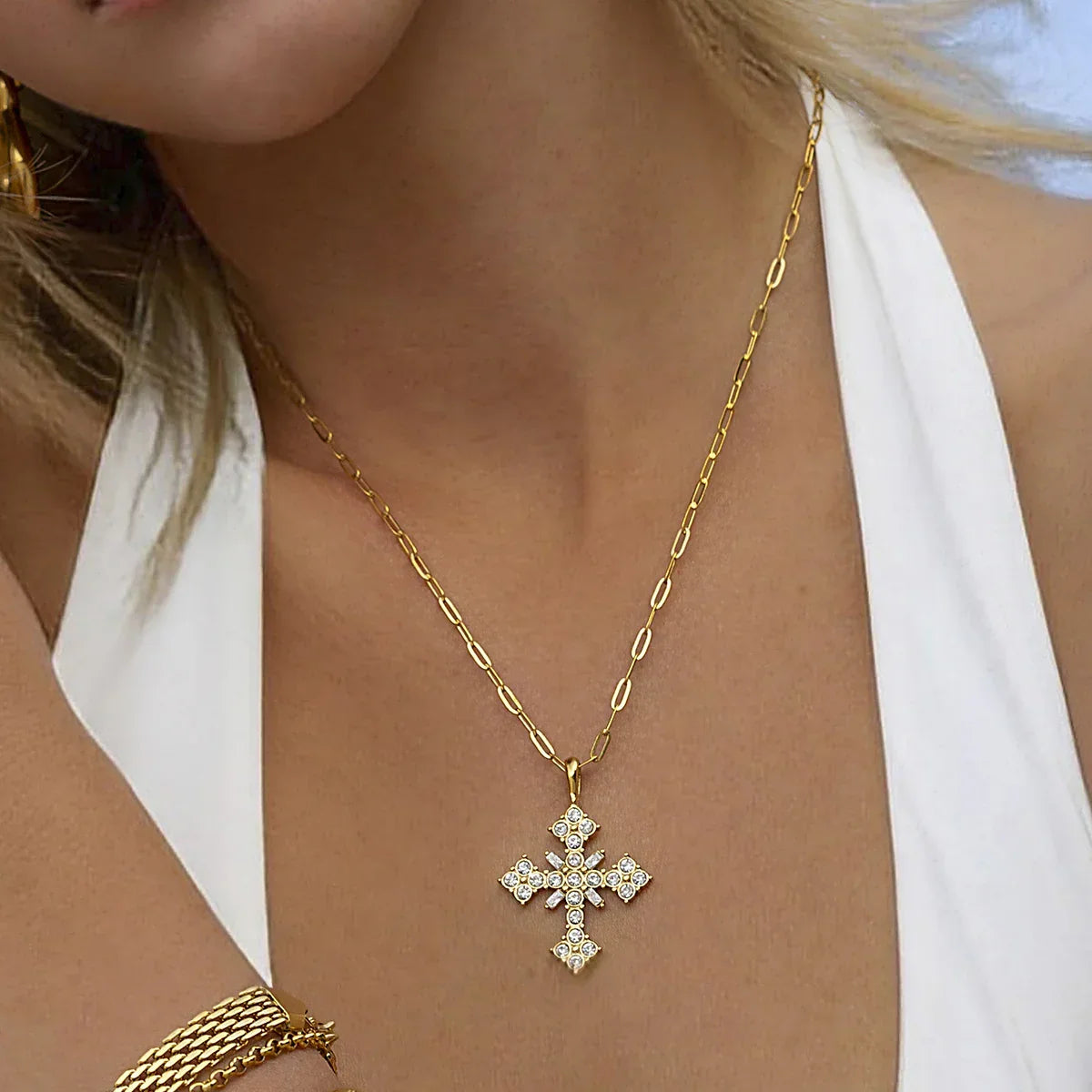 Women's Cross Necklace with Floral Stone Setting and Link Chain