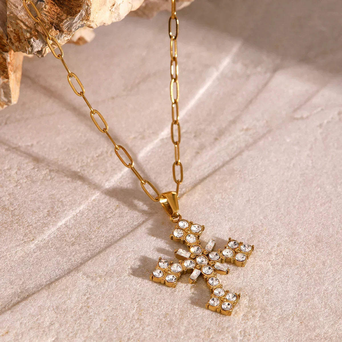 Women's Cross Necklace with Floral Stone Setting and Link Chain