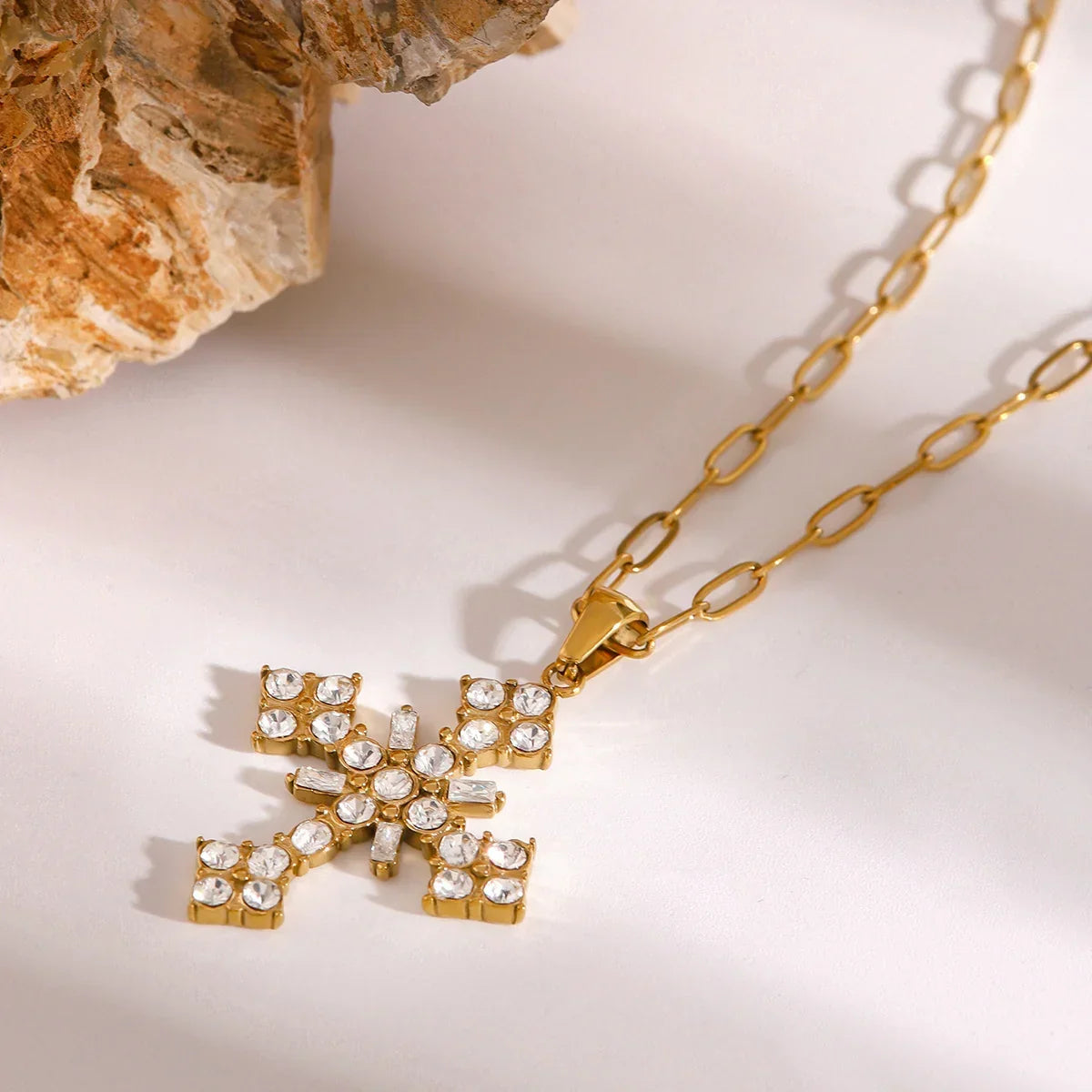 Women's Cross Necklace with Floral Stone Setting and Link Chain