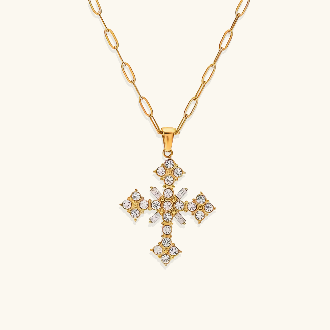 Women's Cross Necklace with Floral Stone Setting and Link Chain