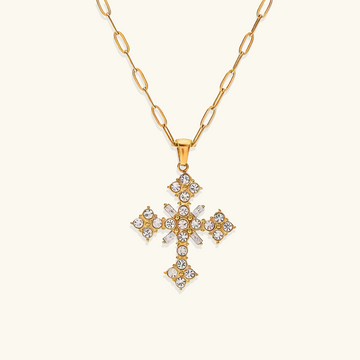 Women's Cross Necklace with Floral Stone Setting and Link Chain