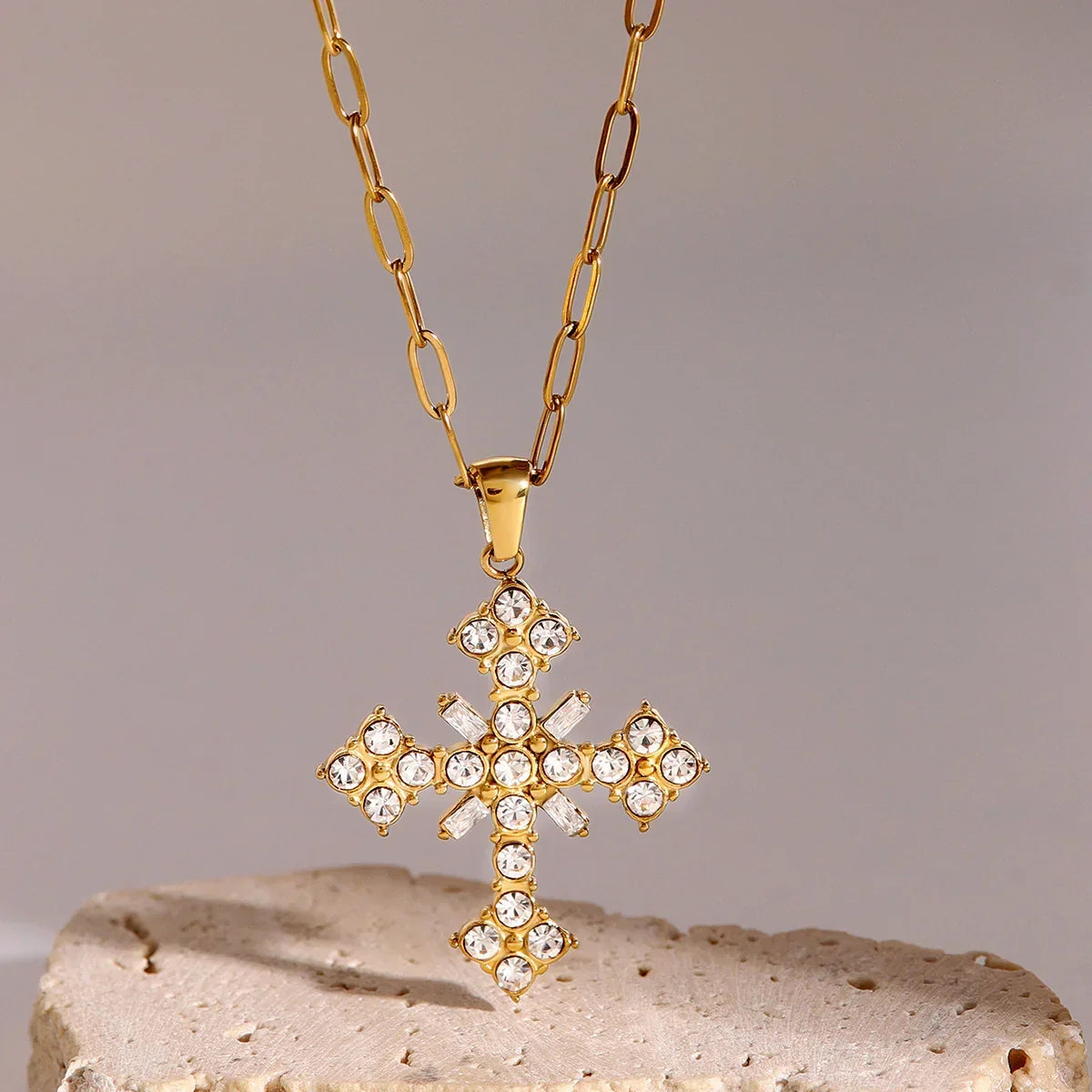 Women's Cross Necklace with Floral Stone Setting and Link Chain