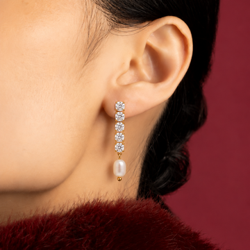 Women’s Drop Earrings with Vertical Stone Row and Round Pearl Pendant