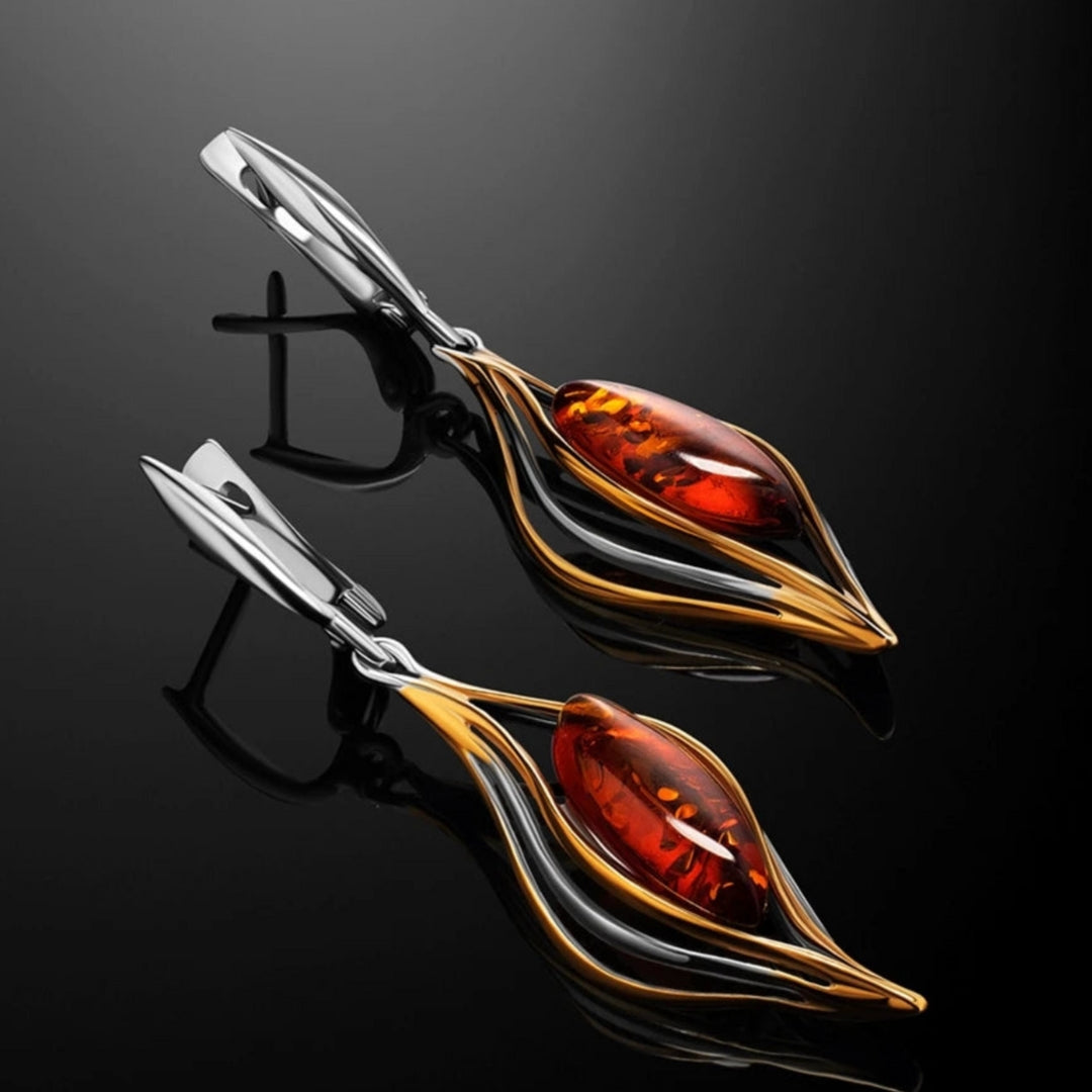 Women’s Drop Earrings with Elongated Stone Centerpiece and Curved Frame Design