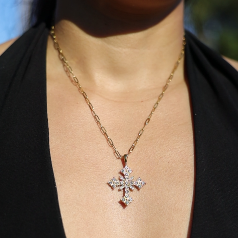 Women's Cross Necklace with Floral Stone Setting and Link Chain
