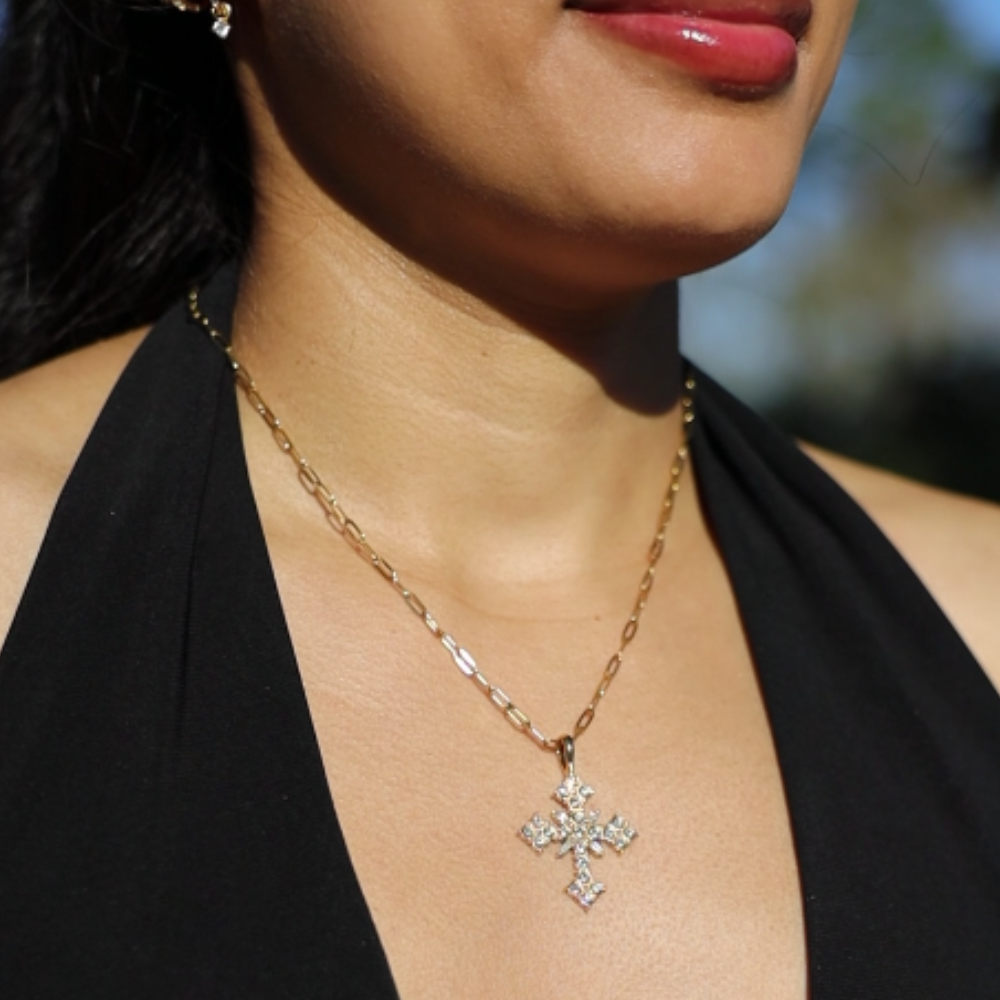 Women's Cross Necklace with Floral Stone Setting and Link Chain