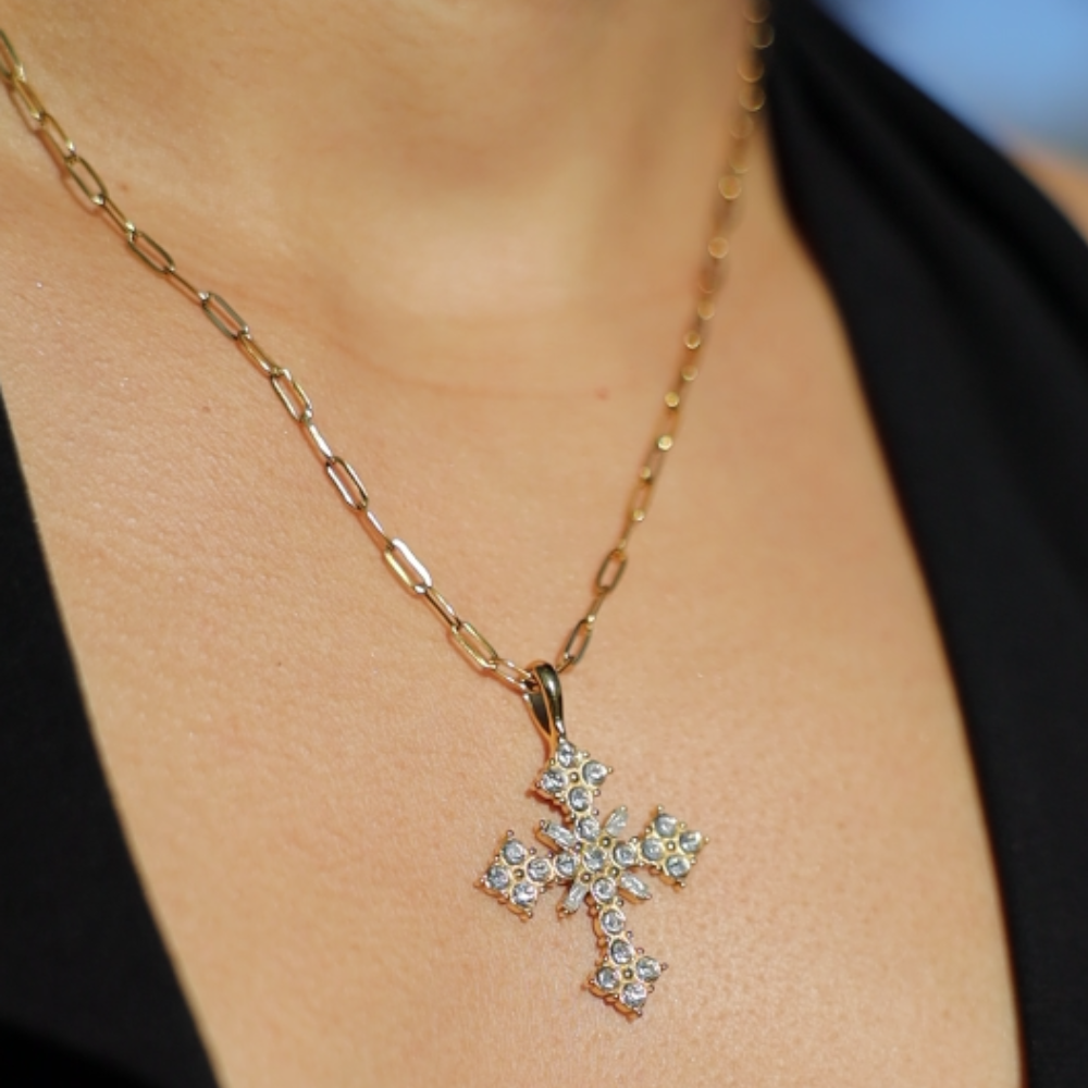 Women's Cross Necklace with Floral Stone Setting and Link Chain