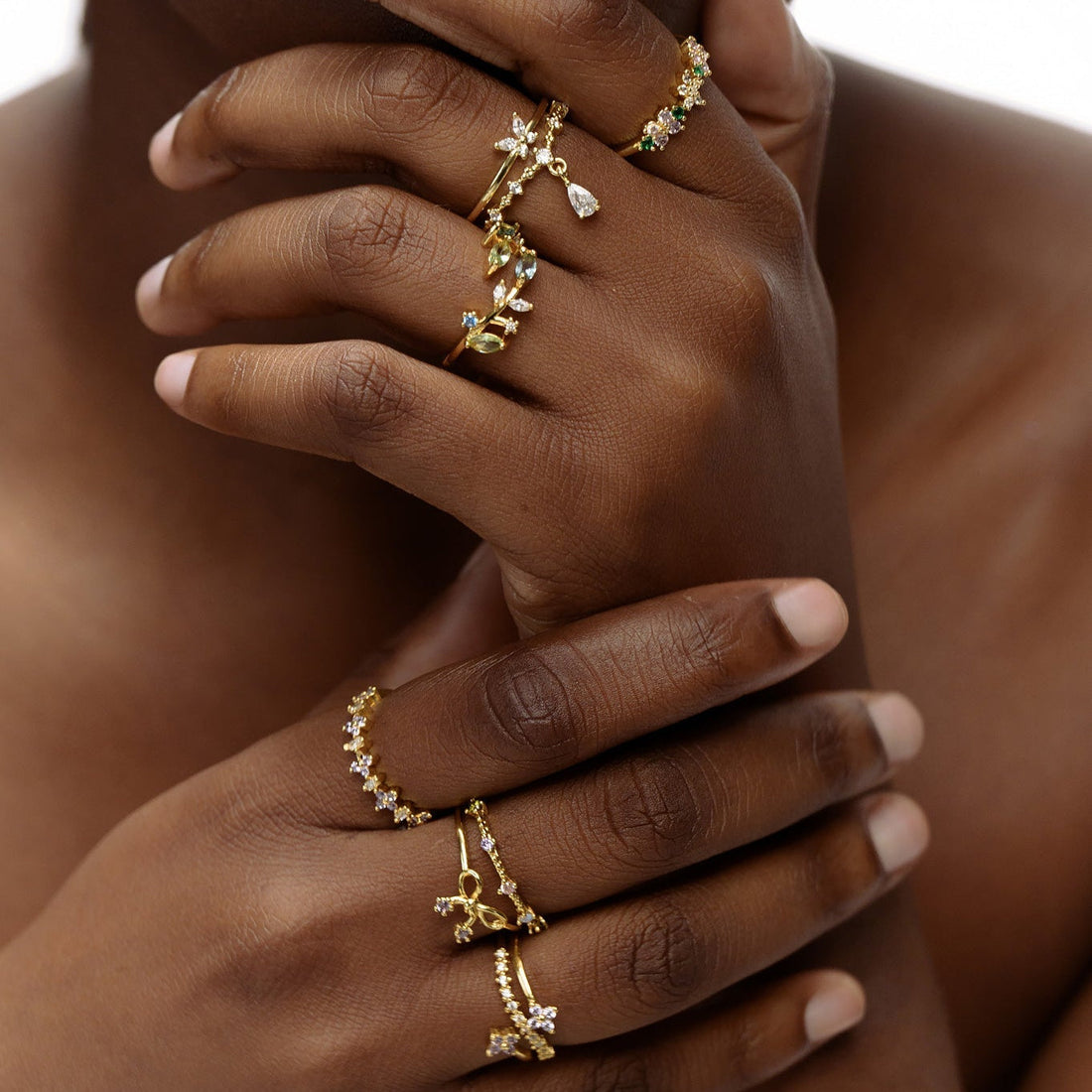 Women’s Open Ring with Leaf Motifs and Multiple Marquise Stones
