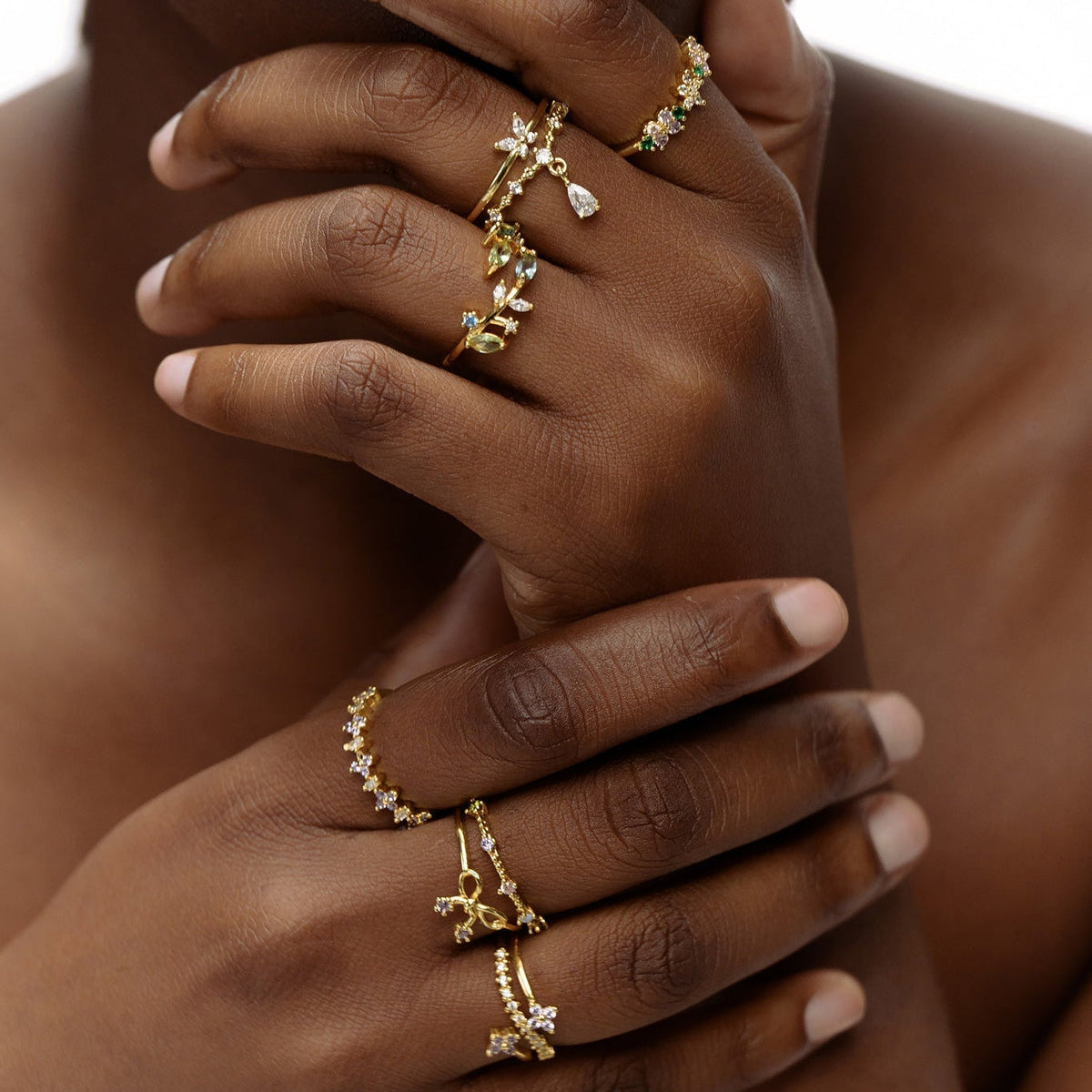 Women’s Open Ring with Leaf Motifs and Multiple Marquise Stones