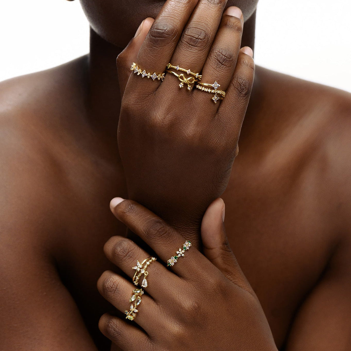 Women’s Open Ring with Leaf Motifs and Multiple Marquise Stones