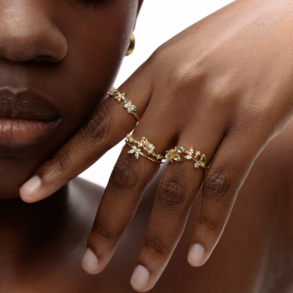 Women’s Open Ring with Leaf Motifs and Multiple Marquise Stones