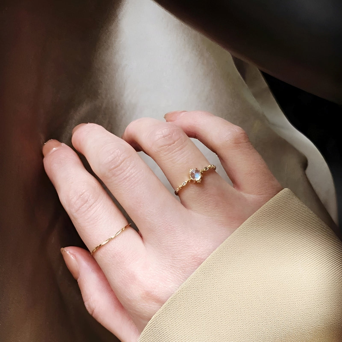 Women’s Ring with Round Moonstone Center Stone and Side Stone Accents