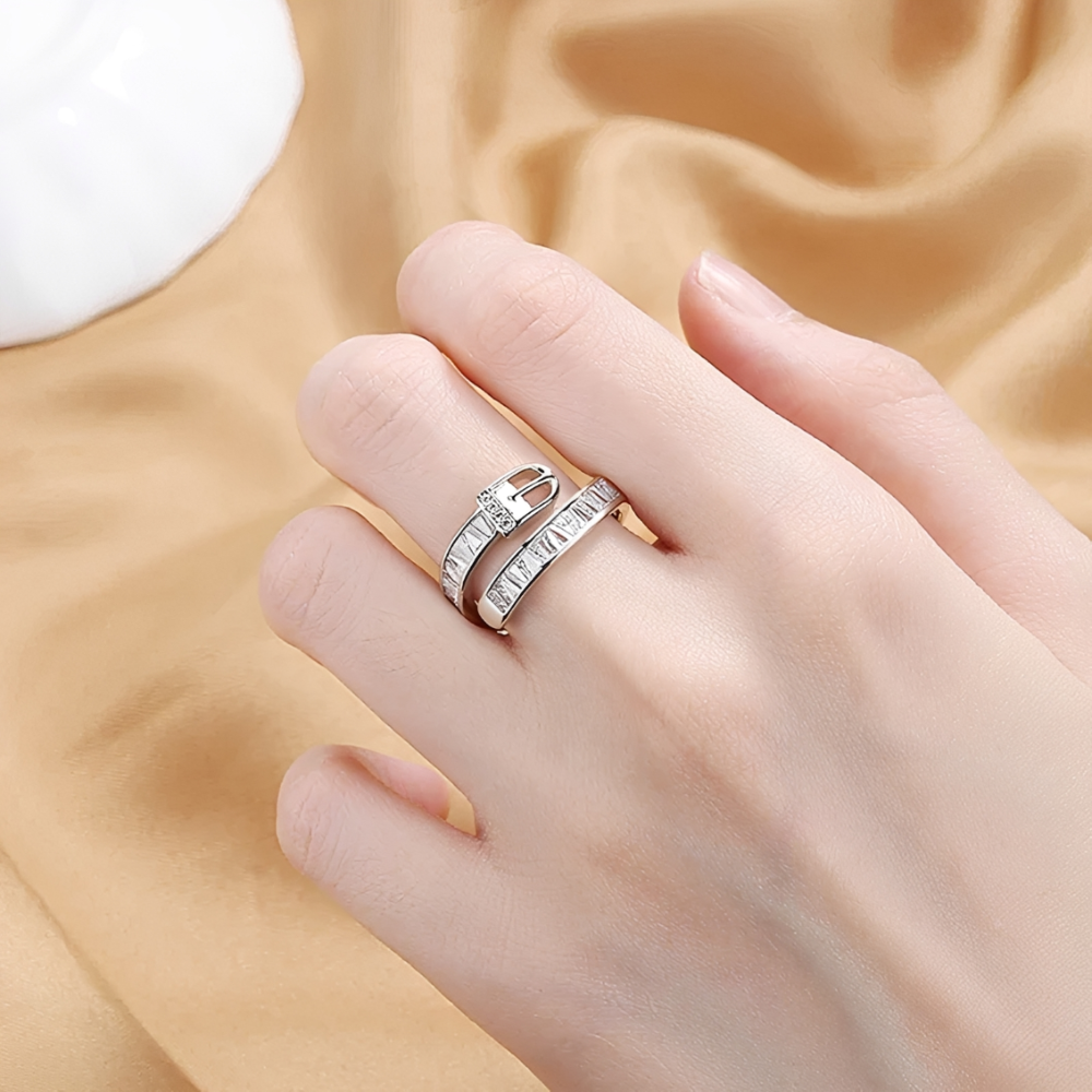 Women's Adjustable Wrap Ring with Buckle Closure Design and Stone Details