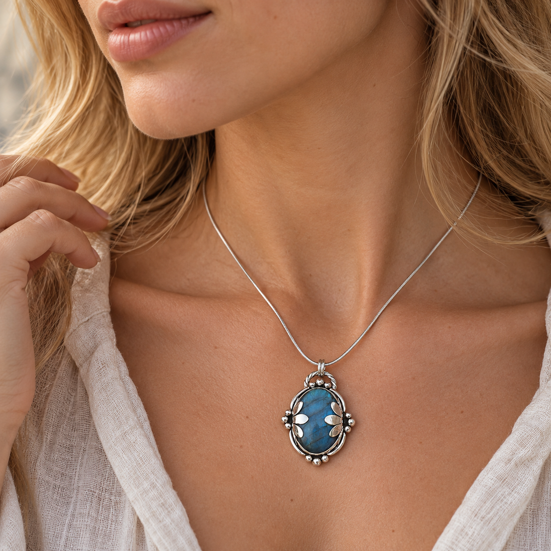 Women's Pendant Necklace with Oval Centerpiece and Floral Setting
